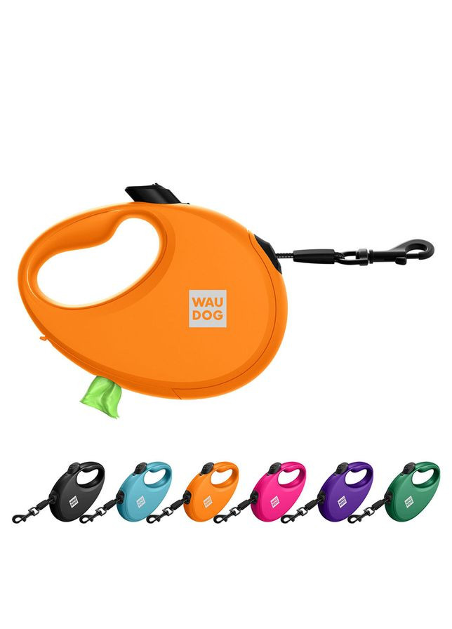 Поводок-рулетка для собак R-leash с контейнером для пакетов, светоотражающая лента, M, до 20 кг, 5м, оранжевый WAUDOG (323487130)