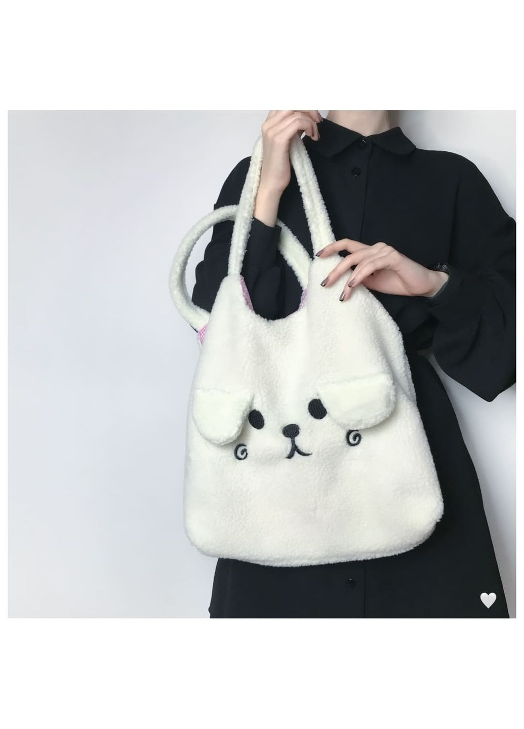Сумка шопер плюшевый белый с мордочкой собачки кавай милый экосумка корейский стиль вместительный базовый No Brand (306736410)