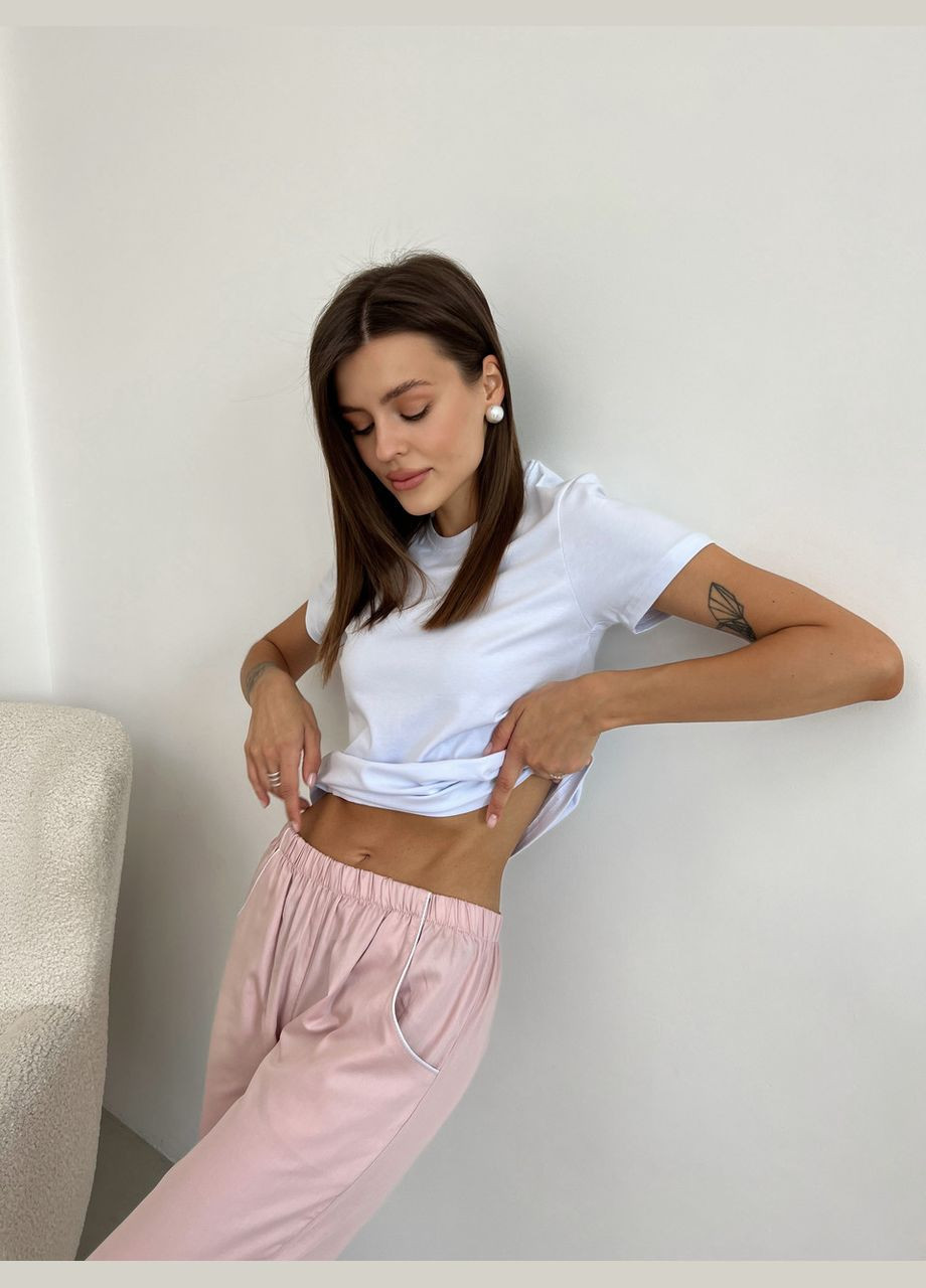 Комбінована жіноча піжама футболка + штани пудровий з білим (вк4306в-4-01) Cosy