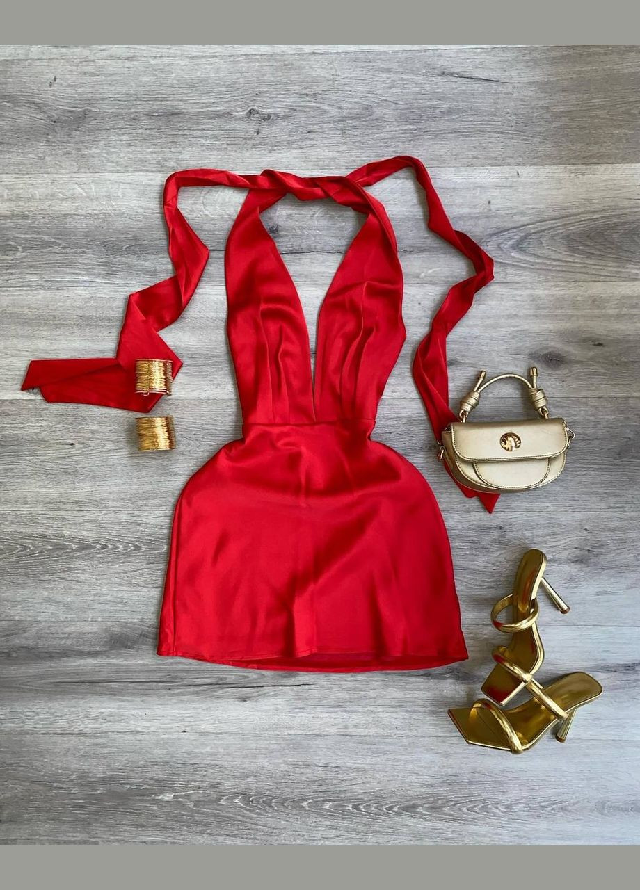 Красное праздничный, вечернее платье на завязках No Brand однотонное