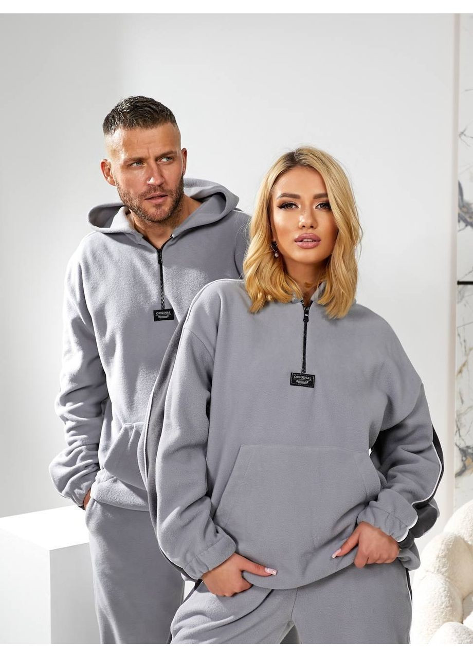 Парные флисовые костюмы серого цвета с широкой полоской по бокам (Цена за один костюм, мужской ) No Brand 038-1 (353307076)