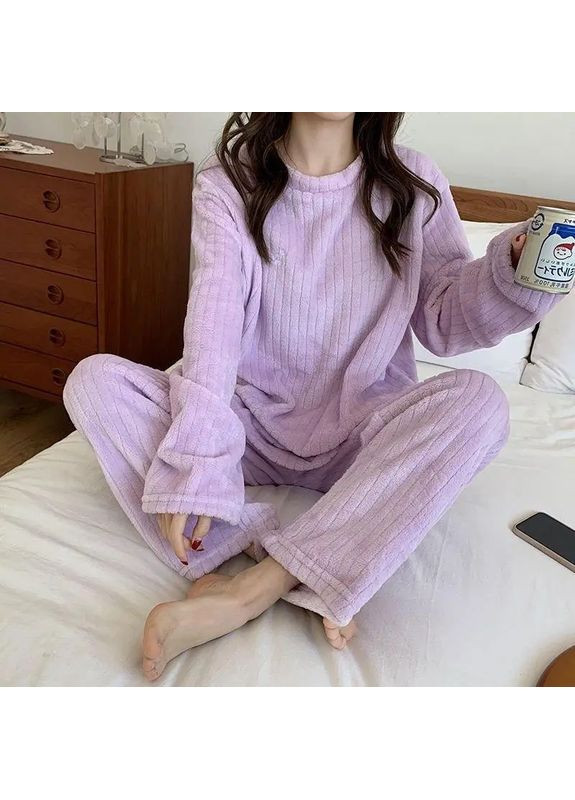 Фиолетовая зимняя теплая уютная пижама смужка, женская пижама однотонная в теплых цветах зимняя оверсайз на рост до 166 см свитшот + брюки No Brand піжама СМУЖКА фіолетовий