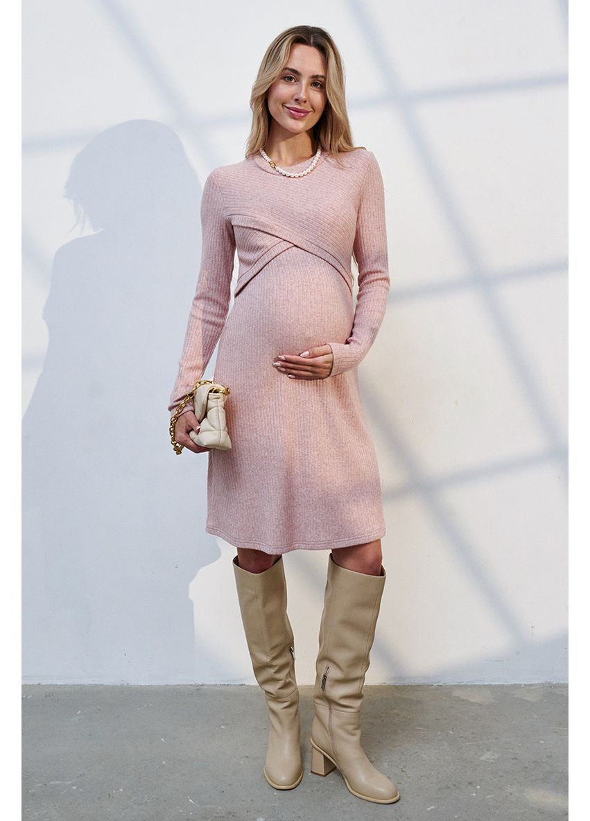 Пудрова сукня міді для вагітних та годуючих пудрова з теплого трикотажу Юла мама