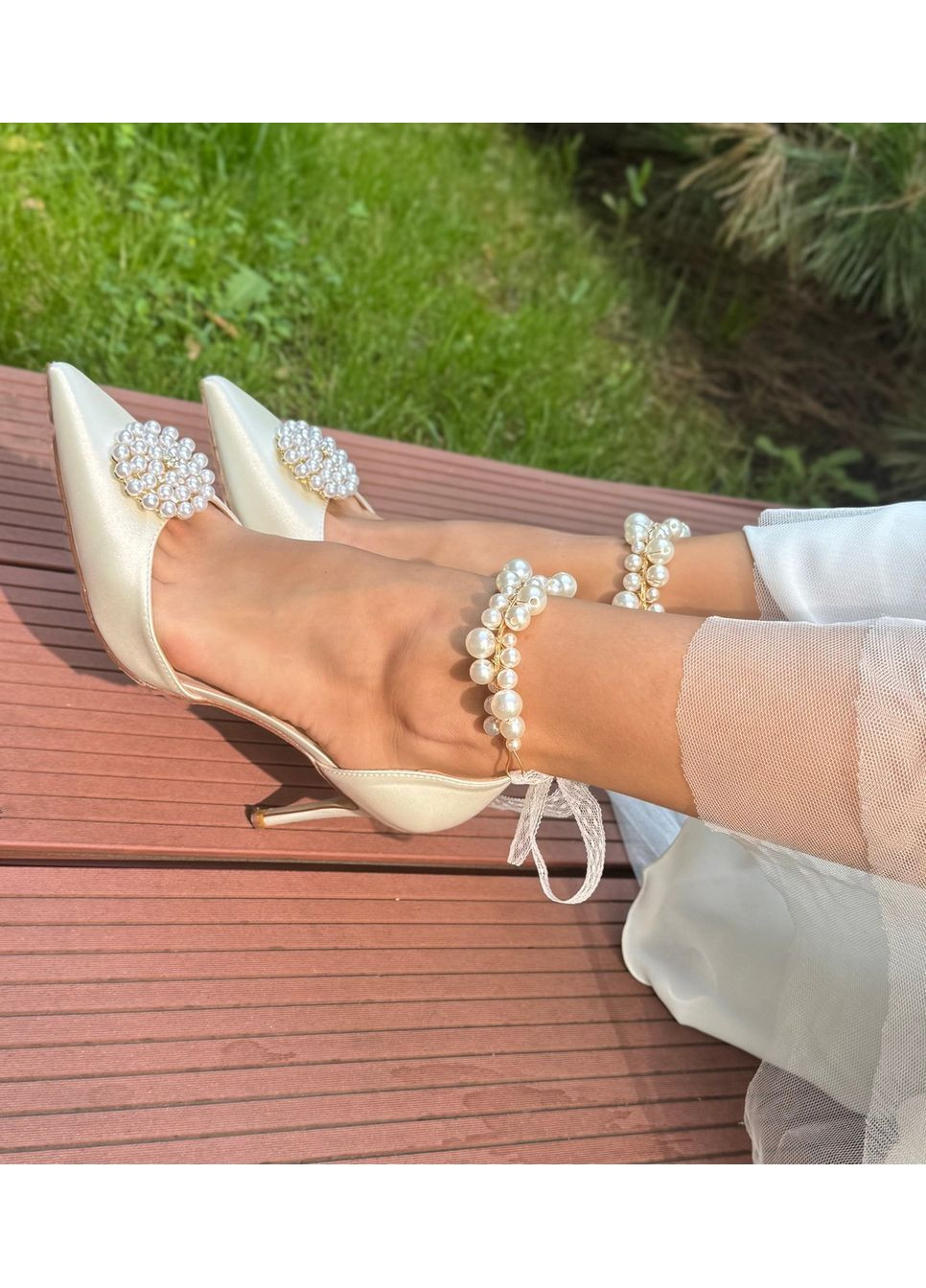 No Brand Жіночі туфлі весільні атласні та ремінцем перли та брошкою 7,5 см білий з текстиль, — (351394424)