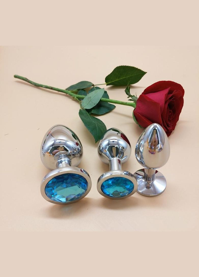 Набор металлических анальных пробок разного размера с голубым кристаллом S M L No Brand (340914437)