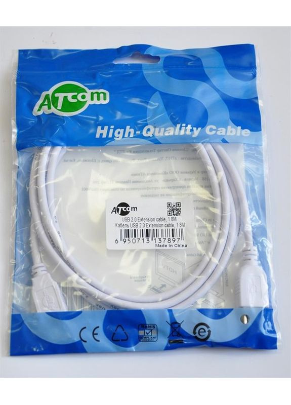 Кабель USB - USB V 2.0 (F/M), подовжувач, 1.8 м, ferrite core, білий (3789) Atcom (370621701)