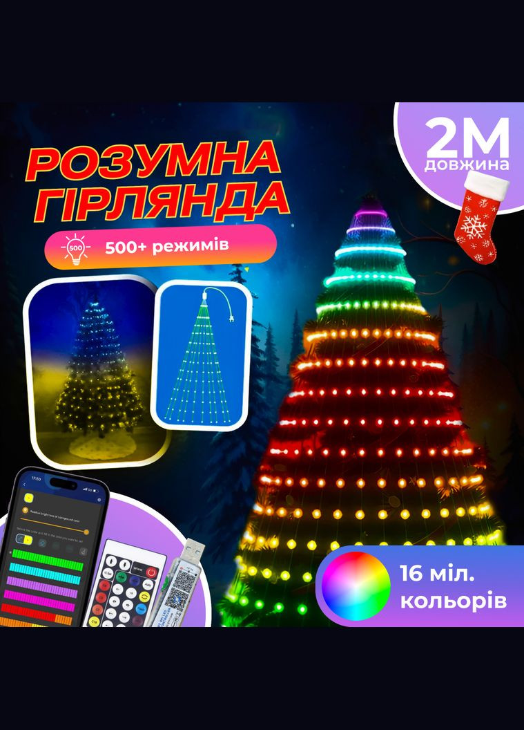 Розумна гірлянда Smart 200 LED довжина 2 м з керуванням зі смартфона прозора, мультиколор GarlandoPro (316475481)