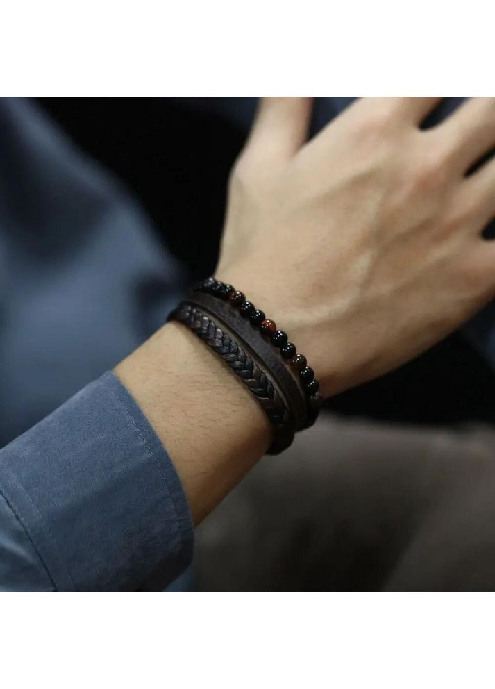 Шкіряний чоловічий браслет багатошаровий зі шкіри та каменів з коробочкою 21 см No Brand (369964998)