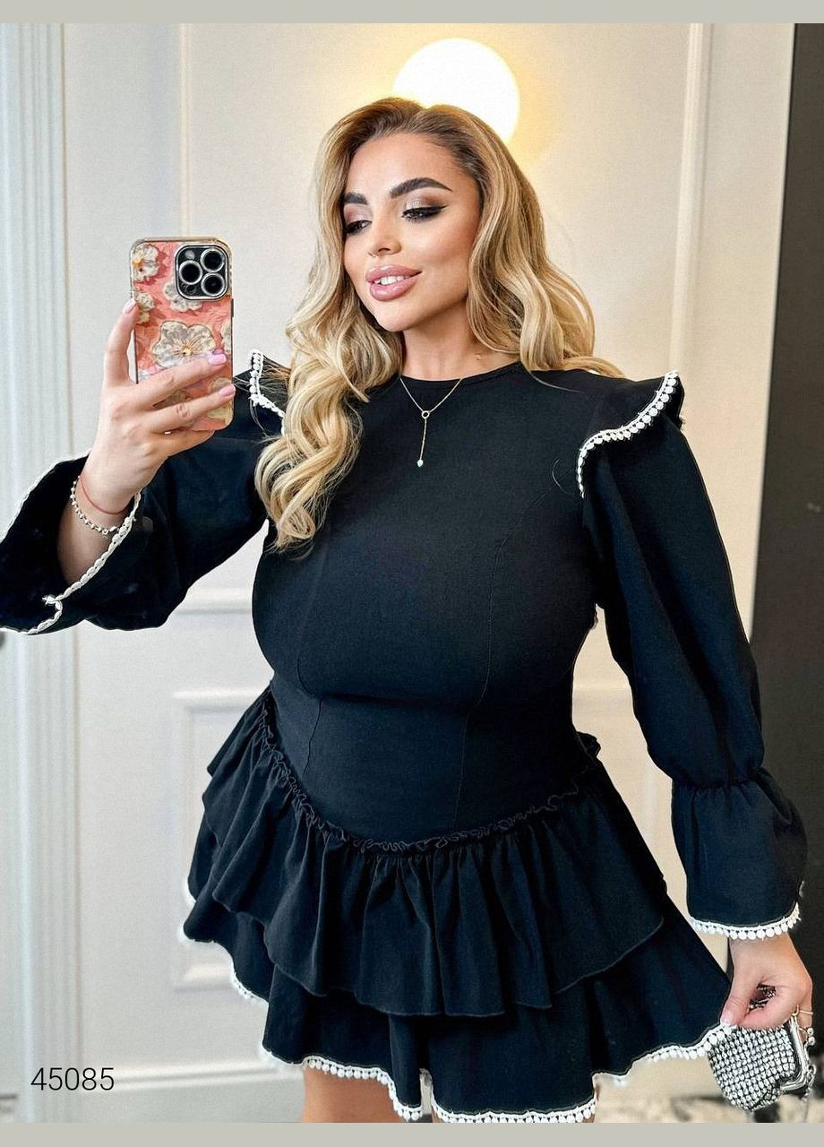 Черное повседневный платье мини с оборками Liton