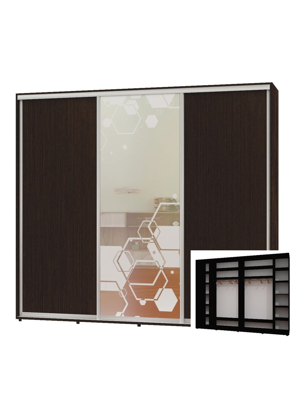 Шафа-купе тридверна 300*60*240 Венге магія 2 ДСП/Дзеркало з піскострумним малюнком Люкс-149 Алекса (360437321)