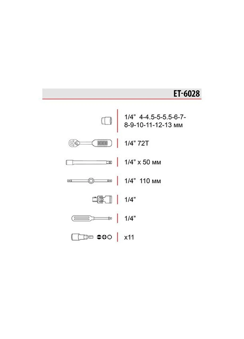 Набор ручного инструмента ET-6028 1/4" (в наборе 28 предметов) Intertool (386754920)