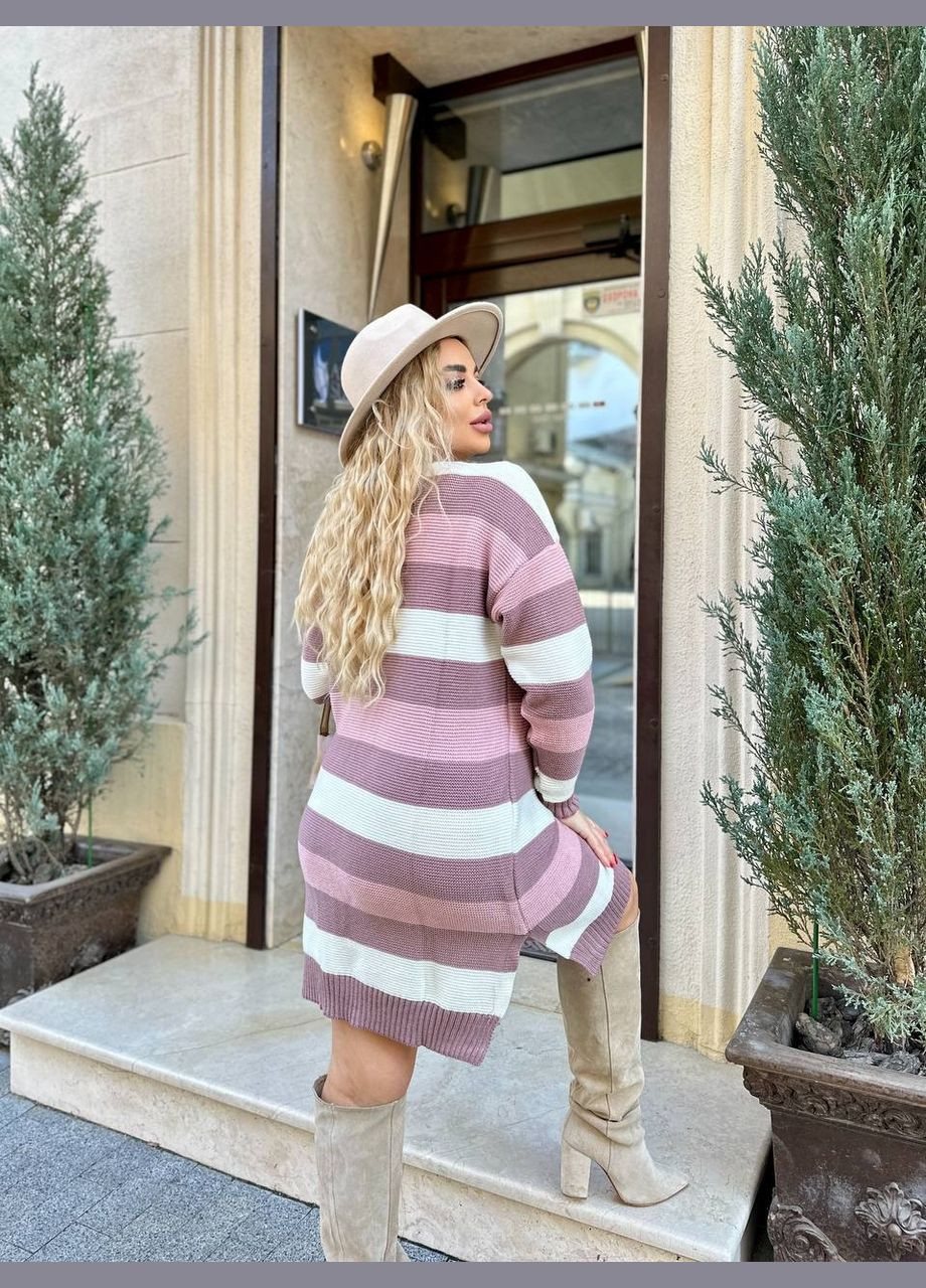 Пудрова в'язане плаття в смужку пудрового кольору 29892 сукня светр No Brand в смужку