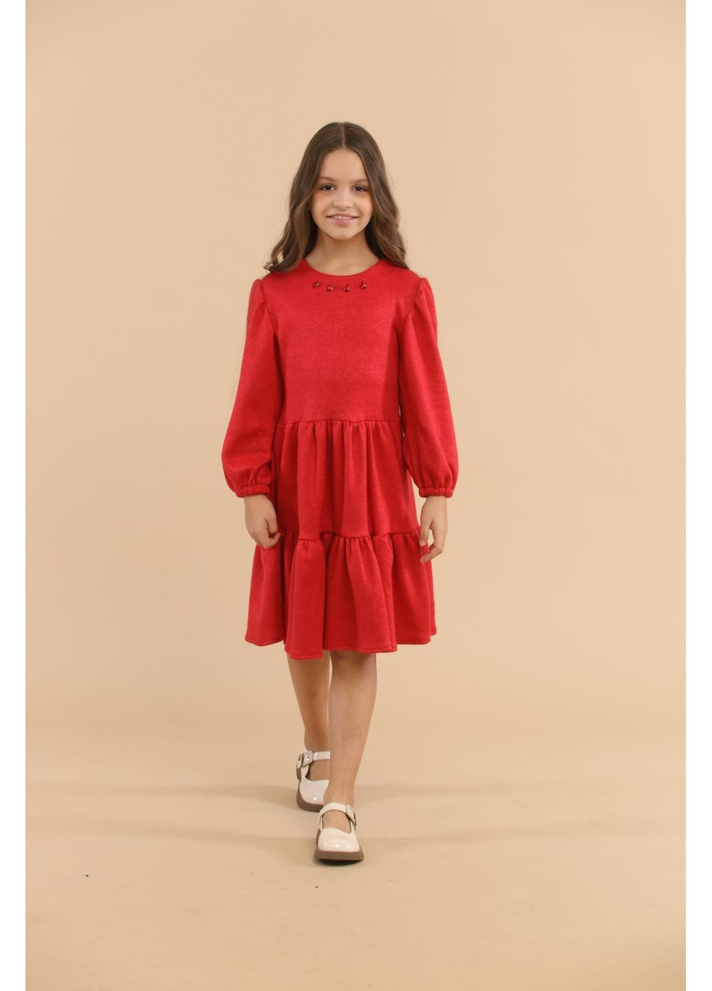 Красное праздничное теплое платье для девочки красное с декором у горловины (00145) Odri (365655726)