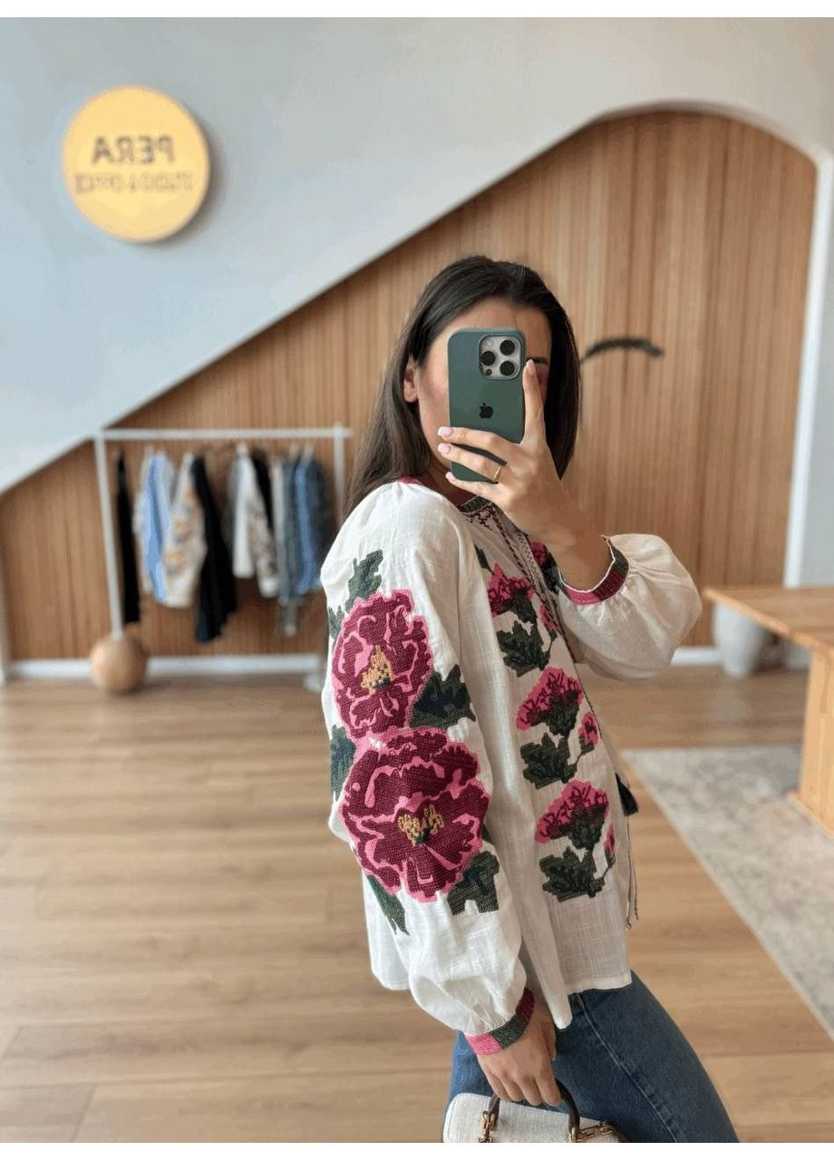 Молочная колоритная молочная рубашка вышиванка с розовыми цветами на пуговицах, женская сорочка с цветочной вышивкой, этно рубашка вышиванка узор цветочный прямой, свободная хлопок, полиэстер (350909635)