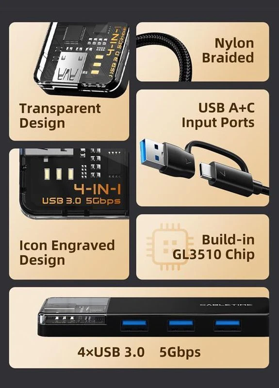 Концентратор USB C/A - 4 Port USB 3.0, 5Gbps, 0.15 m (CB05B) CABLETIME (382937823)