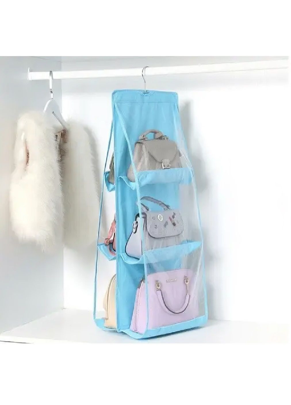 Підвіснийорганайзер-вішалка з прозорими стінками для зберігання сумок 6 відділень 90х32х35 см (481797-Prob) Блакитний Unbranded (366422646)