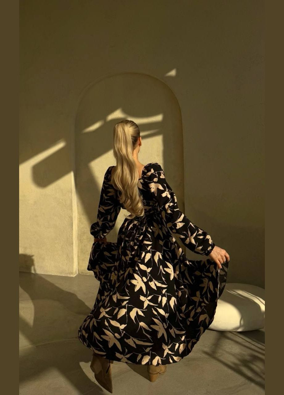 Чорна коктейльна, ділова, повсякденний, кежуал, вечірня жіноча сукня кльош FINO Mode з квітковим принтом