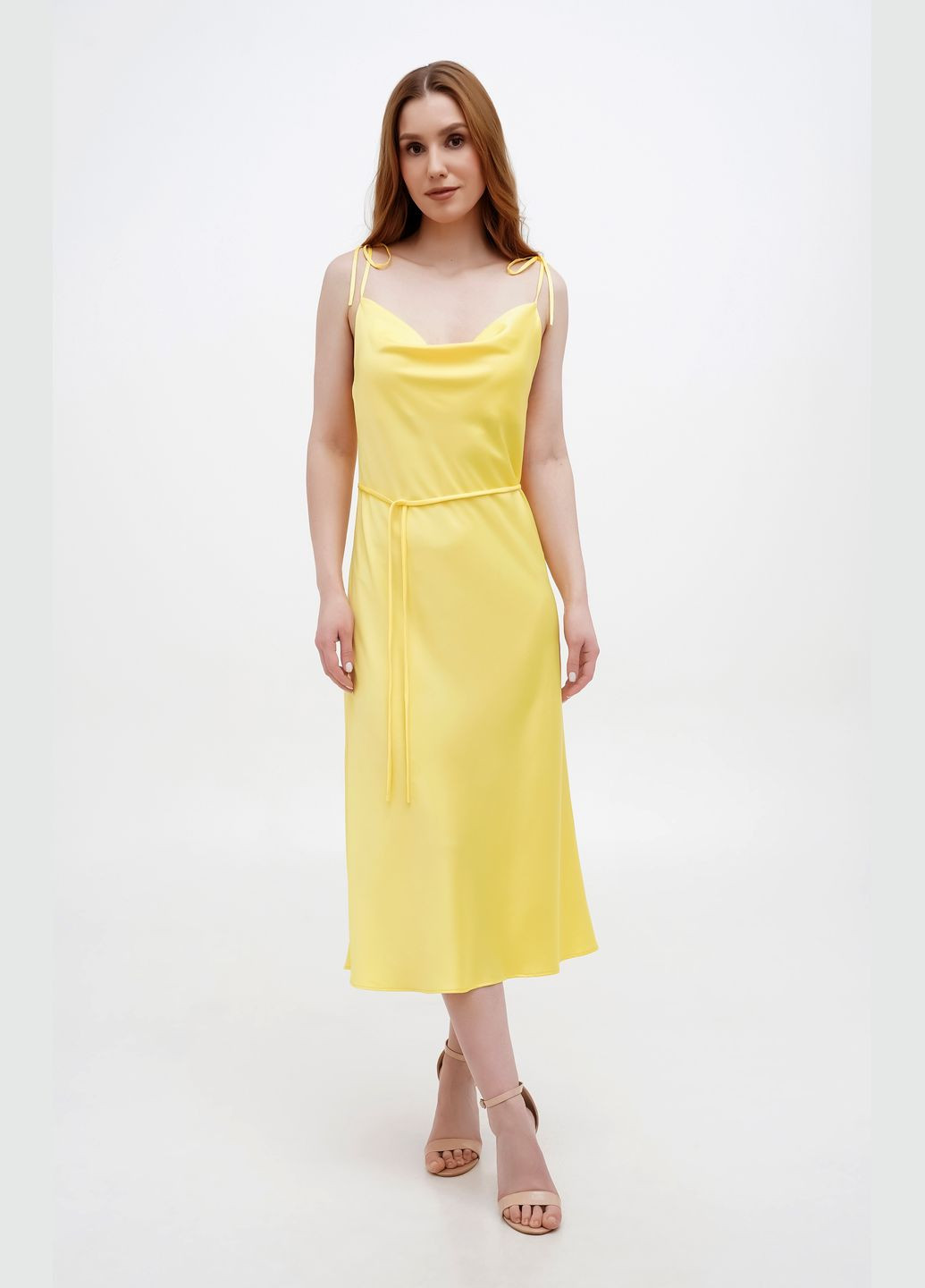 Желтое коктейльное, повседневный, праздничный, вечернее шелковое платье на завязках длина миди платье-комбинация, с открытыми плечами Fayna однотонное