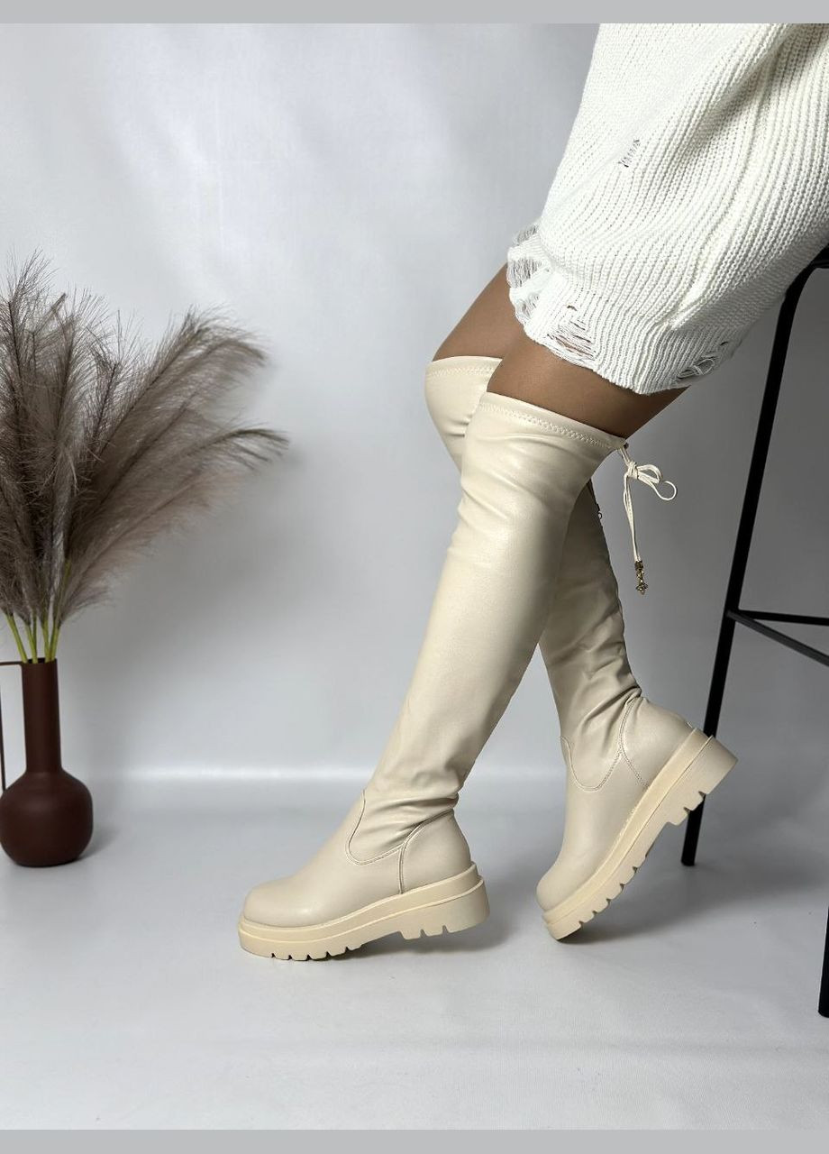 Бежевые осенние стильные женские ботфорты No Brand