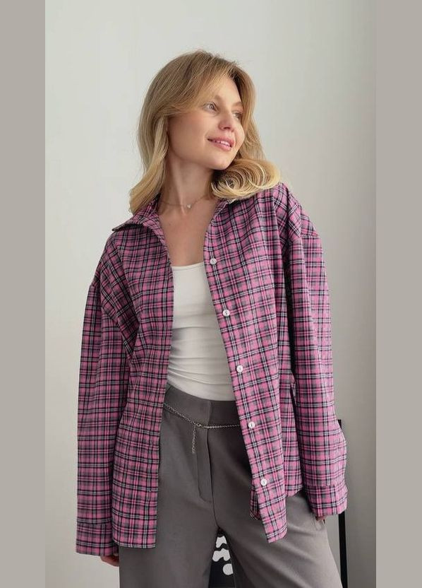 Розовая повседневный, кэжуал рубашка в клетку Україна с длинным рукавом