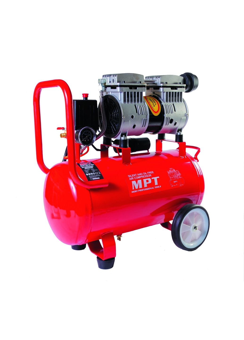 Компресор безшумний PROFI OIL FREE 24 л, 800 Вт, 1450 об/хв, 7 атм. Red (MAC80243S) MPT (340910405)