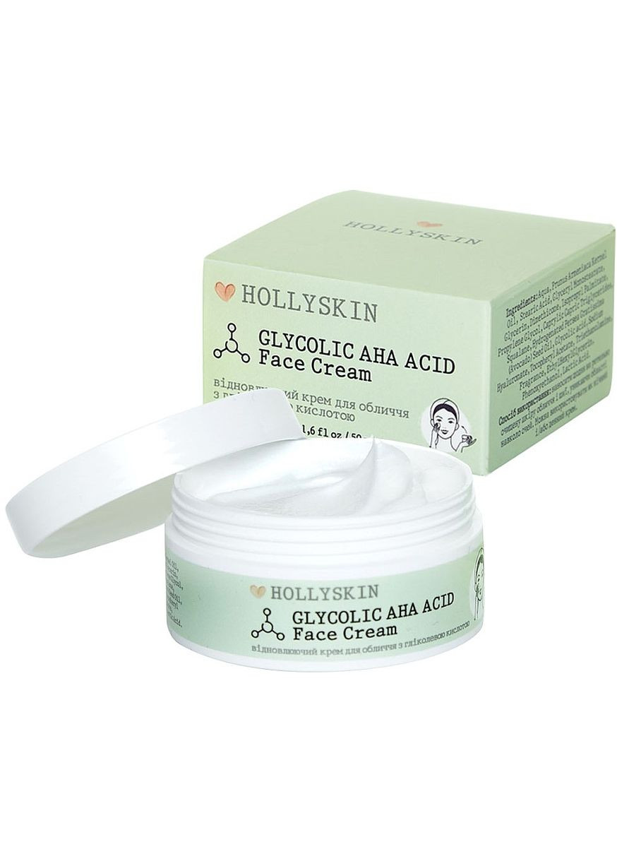 Відновлювальний крем для обличчя з гліколевою кислотою Glycolic AHA Acid Face Cream 50ml (1011532-33222) Hollyskin (368601777)