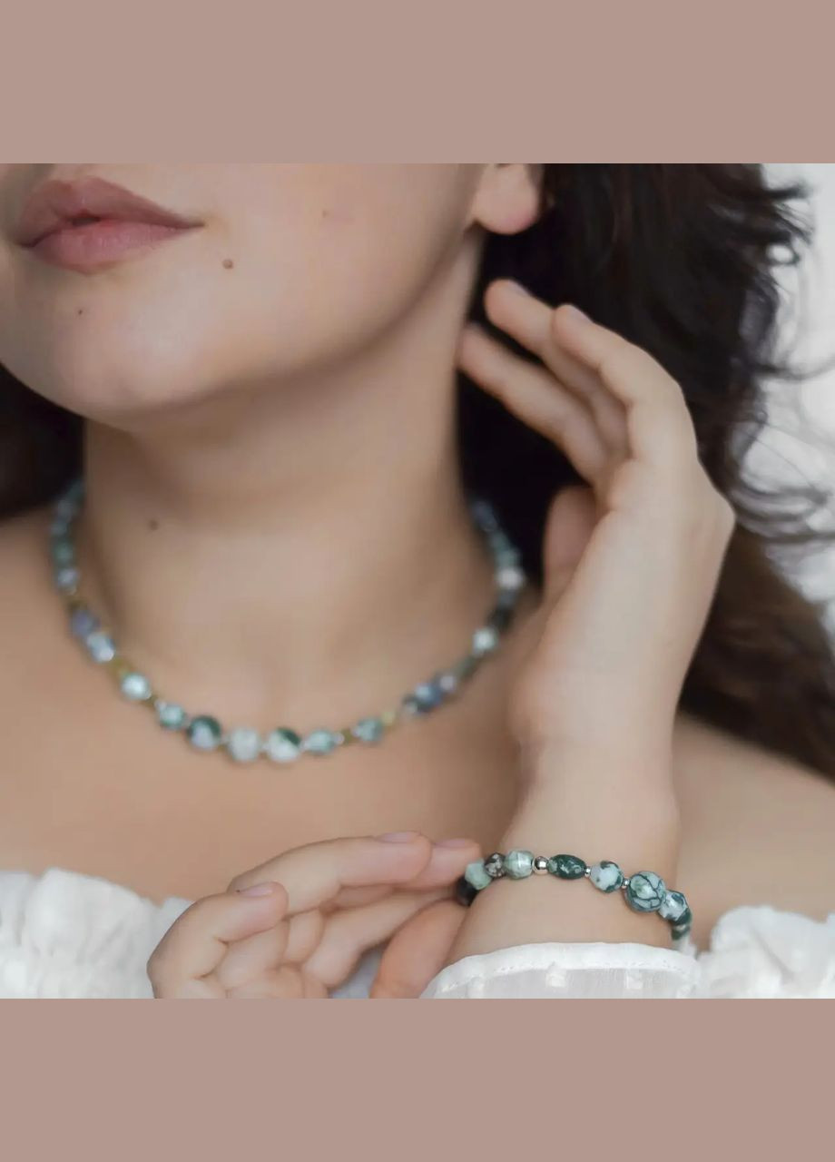 Комплект Чокер+Браслет натуральный Моховый Агат, Пренит, Опал дендрит фур-ра гип-ный сплав цвет серебро No Brand Чокер + браслет (316091292)