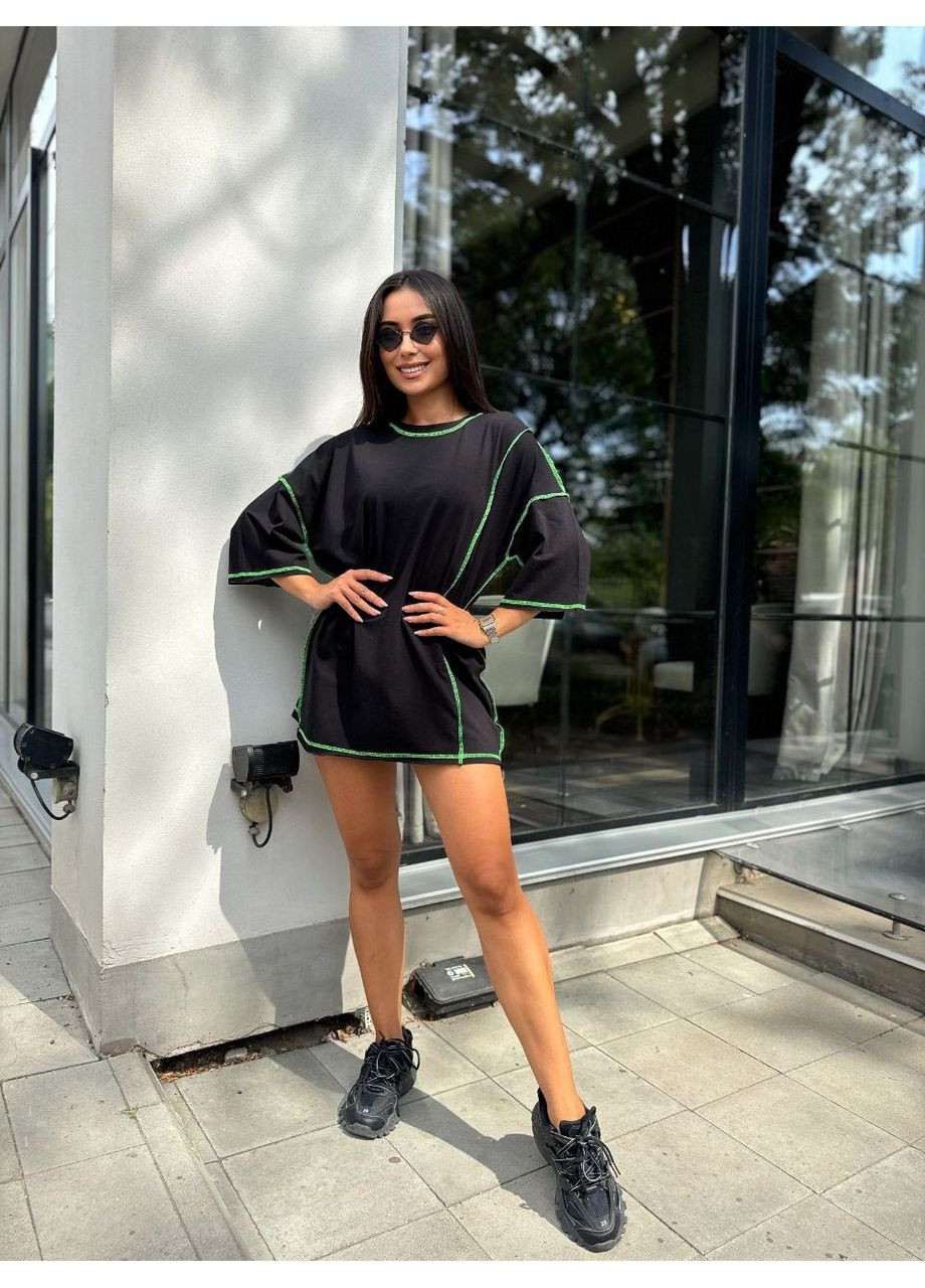 Зеленое повседневный платье-футболка оверсайз со швами наизнанку платье-футболка MonCher