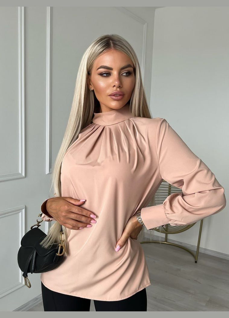 Бежева однотонна бежева блузка із софту з бантом та довгим рукавом+ коміром-стійка, стильна якісна ділова блуза No Brand 971-2