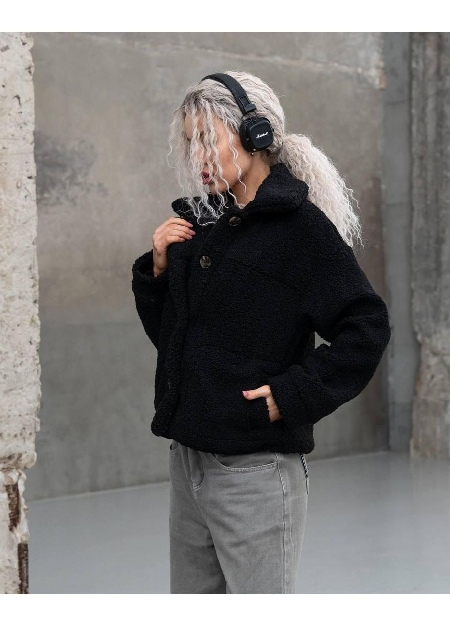 Черная демисезонная куртка женская с текстурной овчины на теплой подкладке укороченная стиле zara. куртка-пиджак No Brand Ted C8