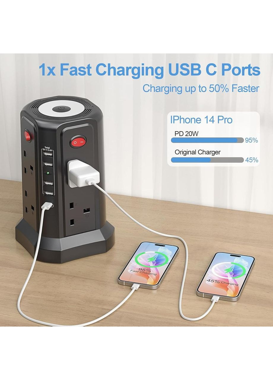 Башенный удлинитель со слотами USB 3м USB 20 Вт с подсветкой (13A 3250 Вт) английская розетка No Brand (356505579)