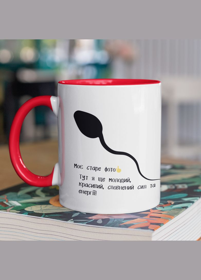 Чашка керамічна з принтом "Моє старе фото" 330 мл, біла з червоною ручкою No Brand (324264015)