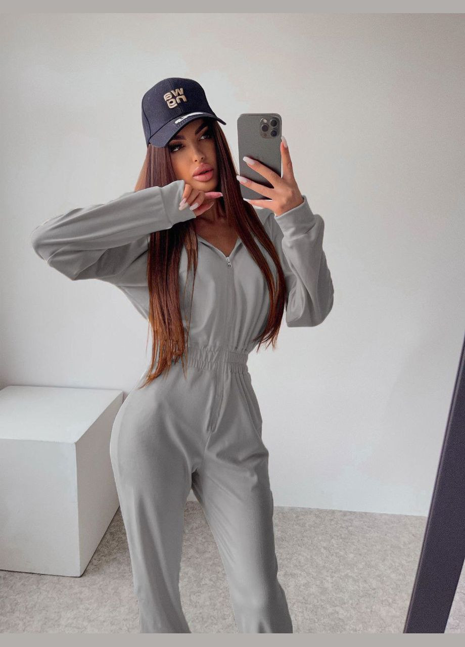 Комбінезон жіночий Україна комбінезон-брюки однотонний сірий спортивний, повсякденний, кежуал, джинсовий велюр