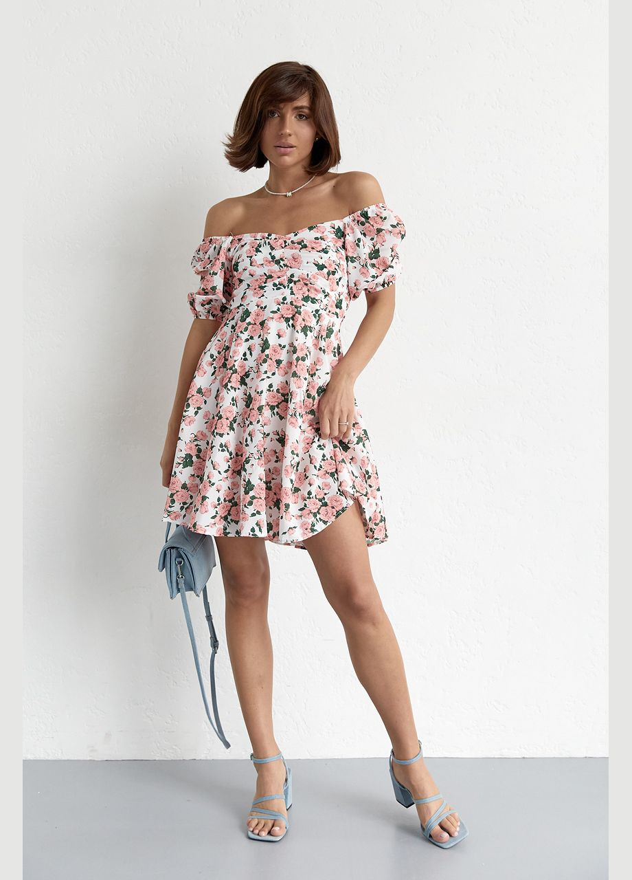 Розовое повседневный летнее платье мини с драпировкой спереди 23128 Lurex с цветочным принтом