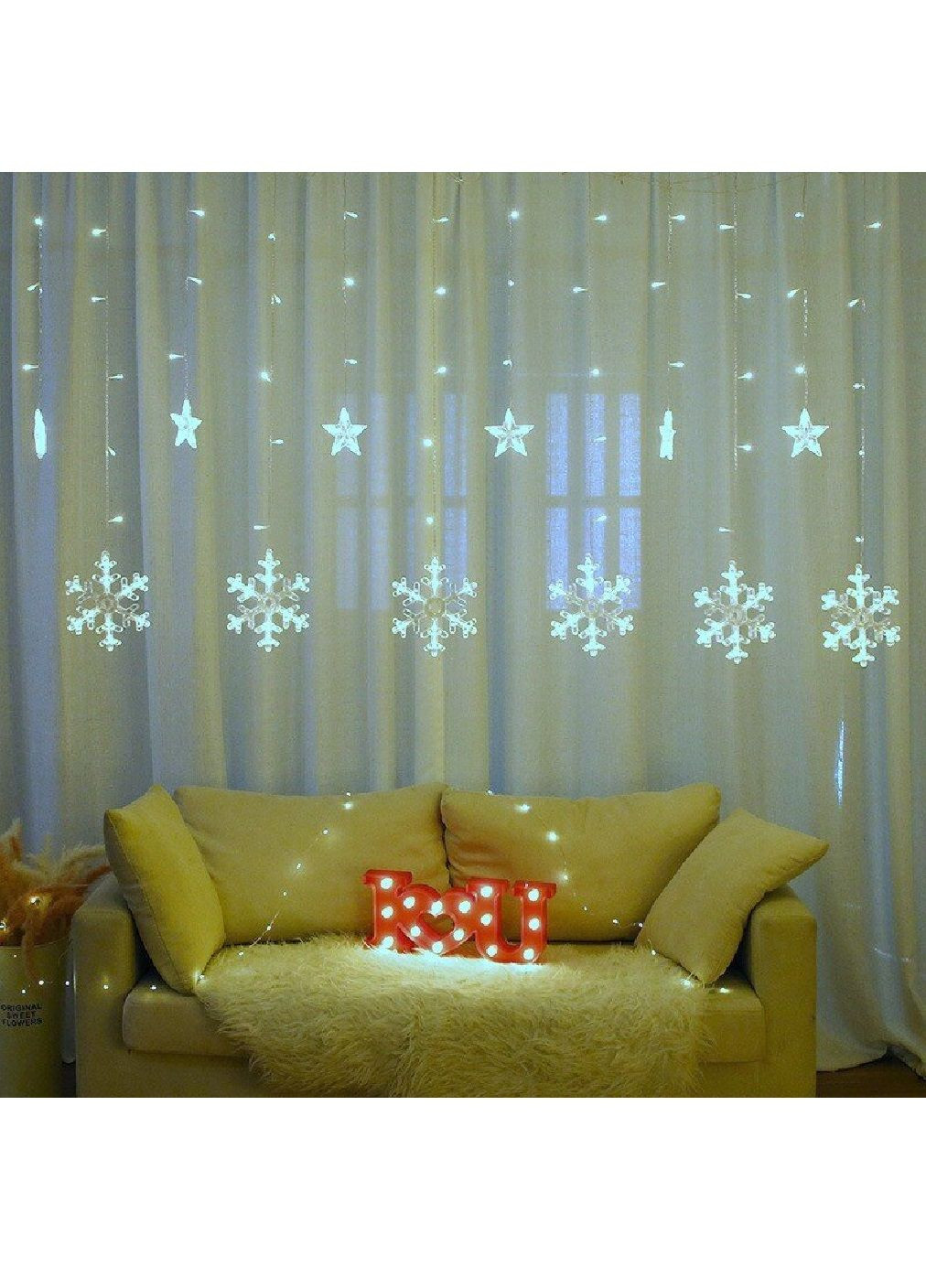 Светодиодная гирлянда штора со снежинками звездами с работой от USB 138 LED длина 540 см (481285-Prob) Холодный белый свет Unbranded (359701908)