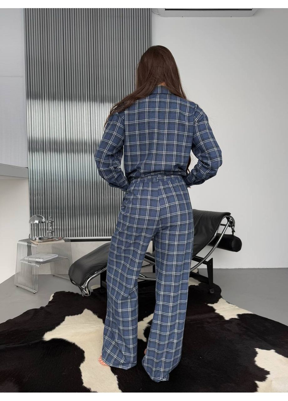 Синяя всесезон женская пижама в клетку рубашка + брюки No Brand