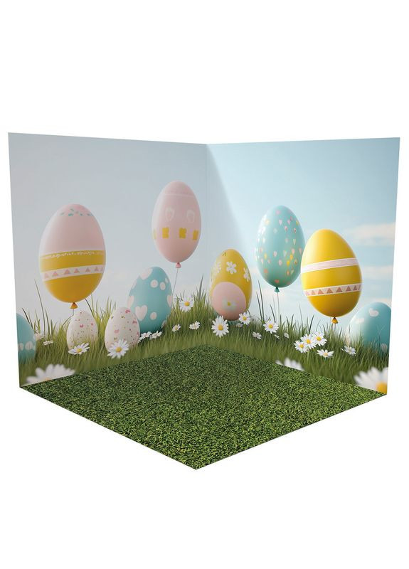 Фон вініловий 3D великодні яйця на галявині, підлога біле дерево і зелений газон, 80×80 см, №58624 PhotoVinyl (360982979)