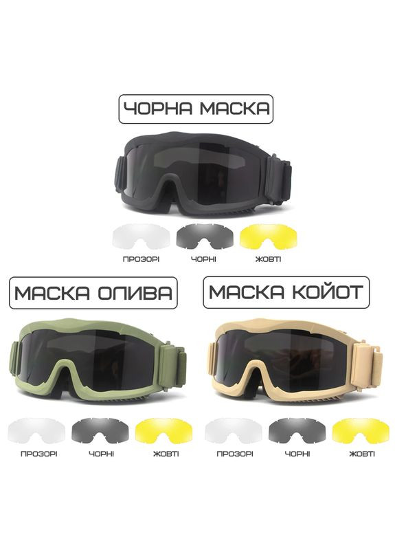 Тактична захисна маска з лінзами товщиною 3 мм Чорна(сертифікація ANSI Z87.1) Daisy (329741367)