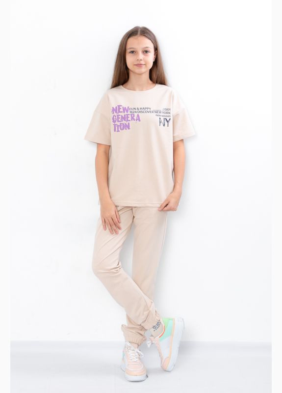 Бежевий літній комплект для дівчинки підлітковий (футболка+штани) брючний Носи своє