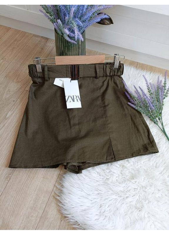 Оливковая (хаки) юбка-шорты с высокой посадкой, из смеси льна. Zara