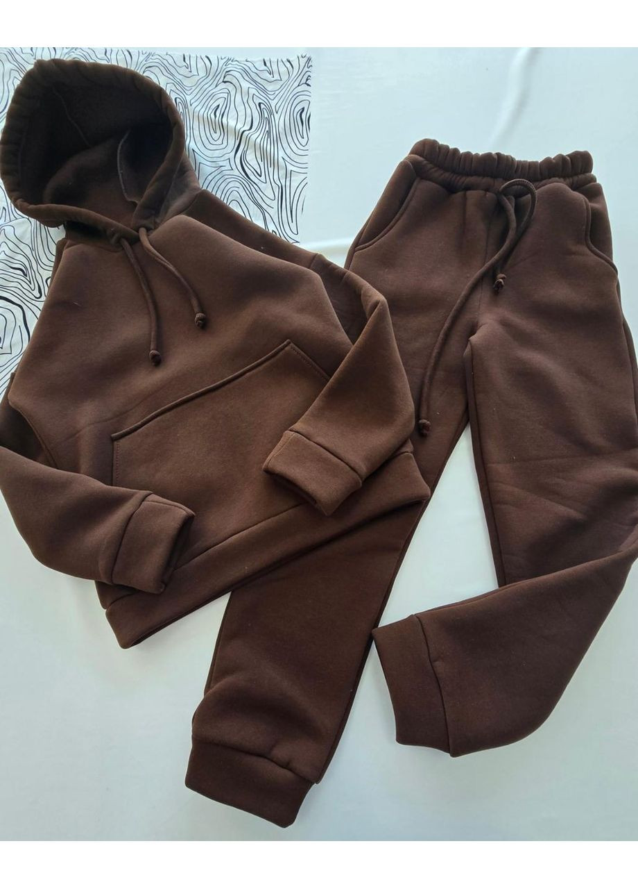 Коричневый демисезонный теплый подростковый костюм с начесом худи и штаны коричневый No Brand