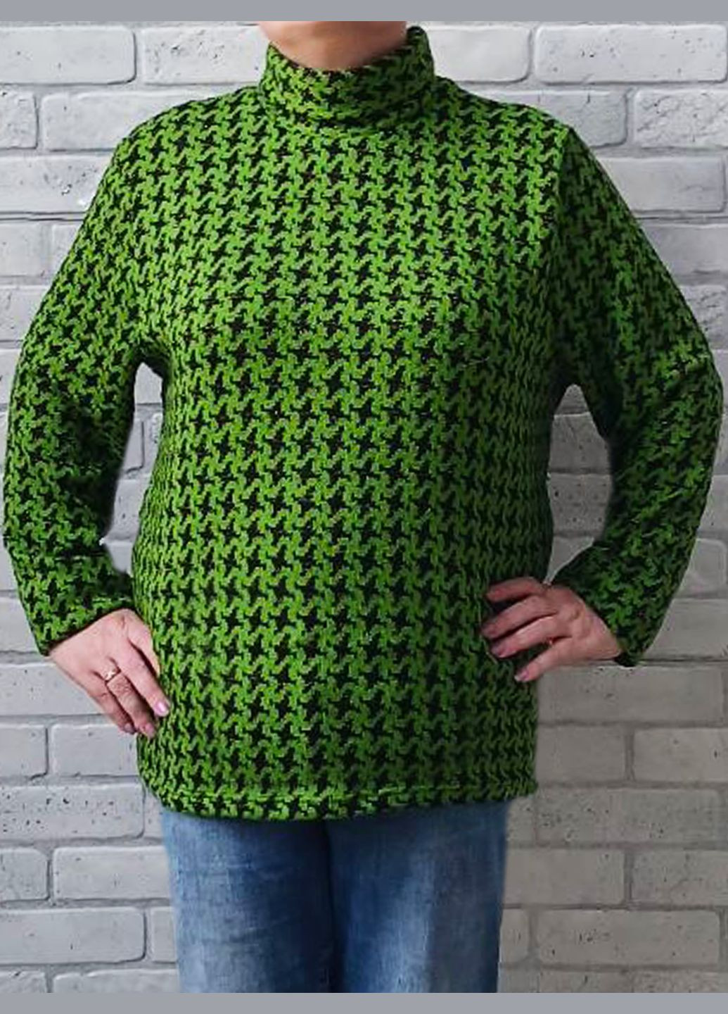 Комбінований демісезонний водолазка жіноча тепла батал великого розміру, в'язаний зимова акрил з високим горлом, гусячі лапки колір зелений No Brand