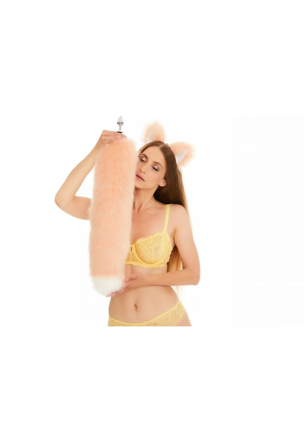 Анальный меховой пушистый хвост без пробки, Персиковый с белым кончиком, 60 см. OKOVA (315149243)