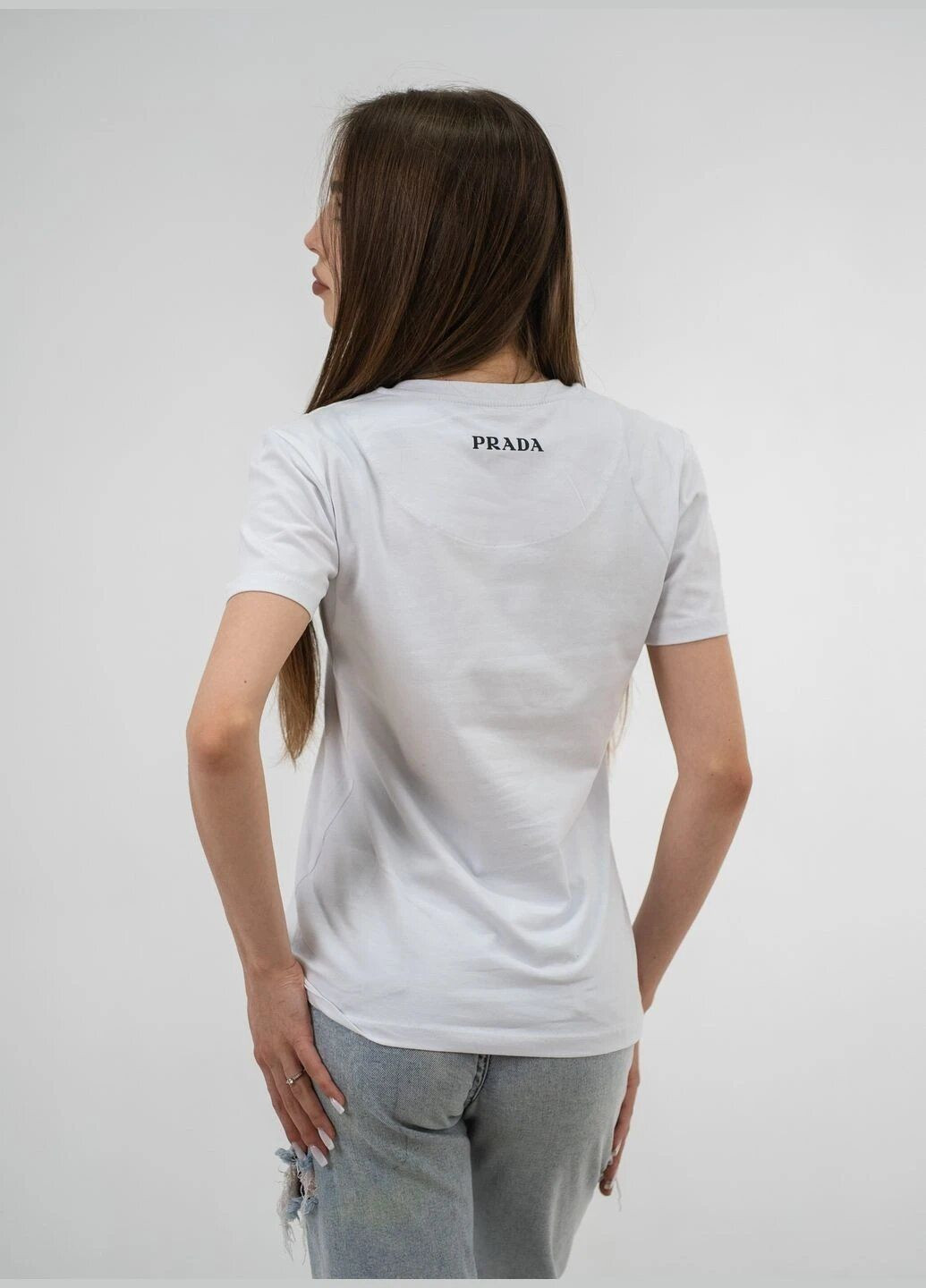 Белая летняя футболка женская летняя с рисунком с коротким рукавом Prada