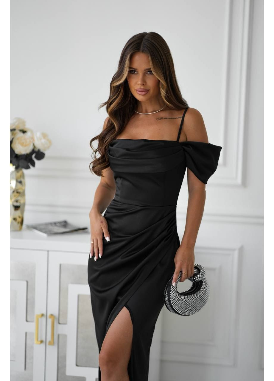 Чорна святковий, вечірня жіноча вечірня сукня максі з відкритими плечима та високим розрізом з відкритими плечима MonCher