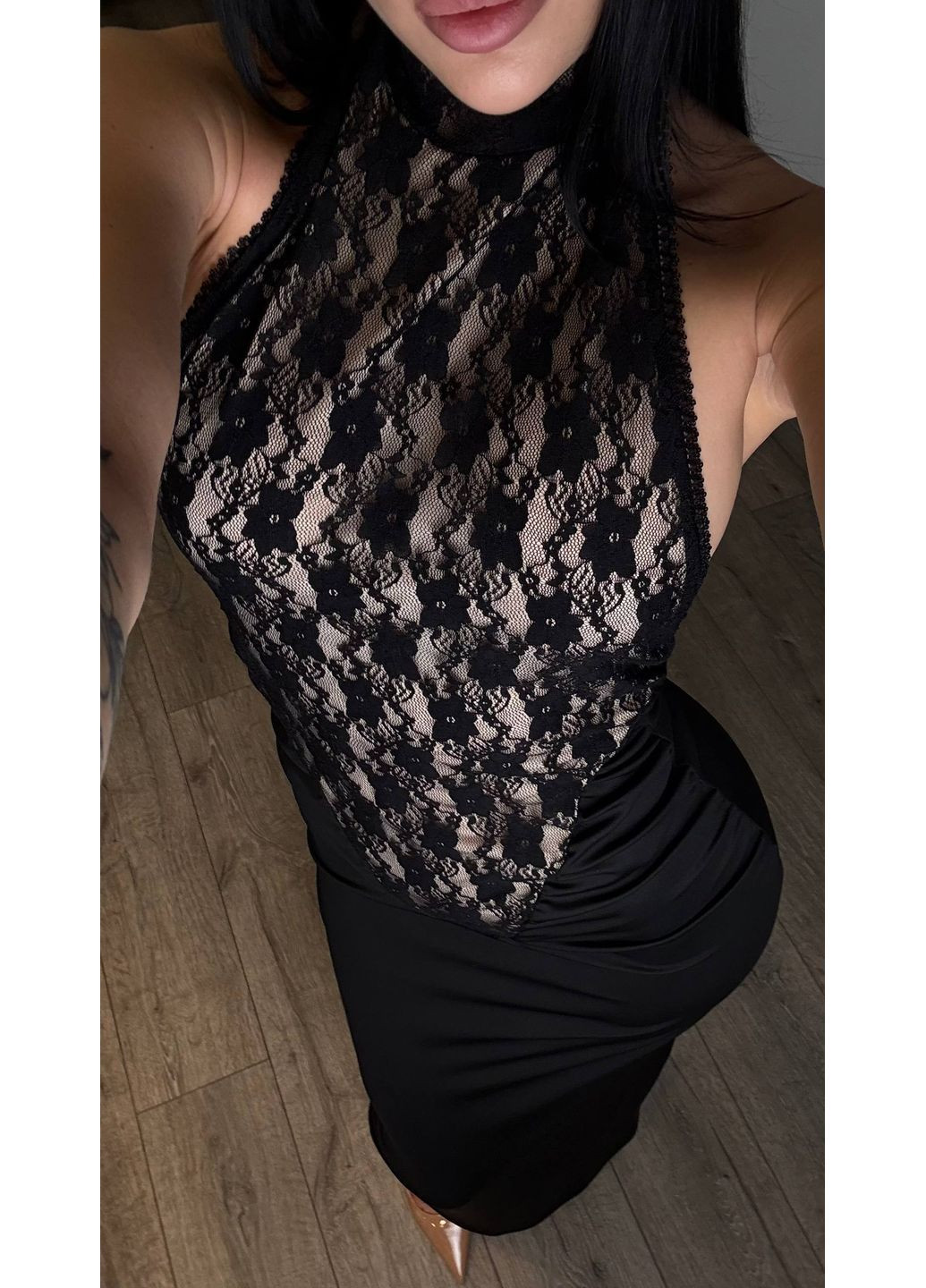 Чорна сукня жіноча довга святкова зі вставками мережива No Brand