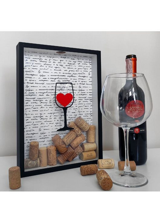 Кошик для винних пробок Серце в бокалі чорне багаторазове з кріпленням для стін колекціонер вина ProDobro (365441317)