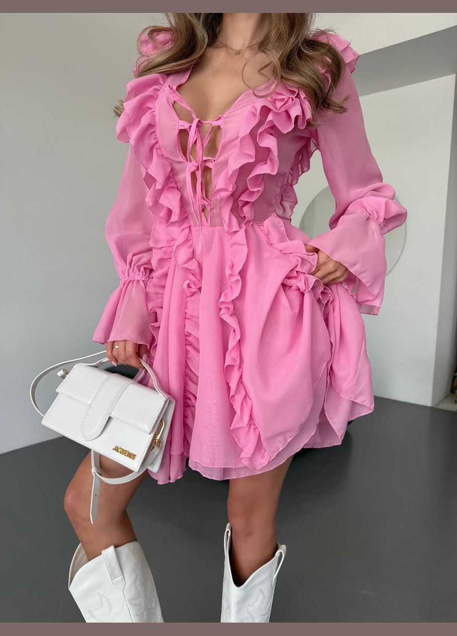 Розовое кэжуал, вечернее пышное платье декорировано рюшами с пышной юбкой Adelante однотонное