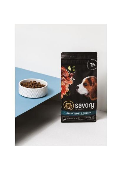 Сухой корм Puppy для щенков всех пород, со свежей индейкой и курицей, 3 кг (*) Savory (323219565)