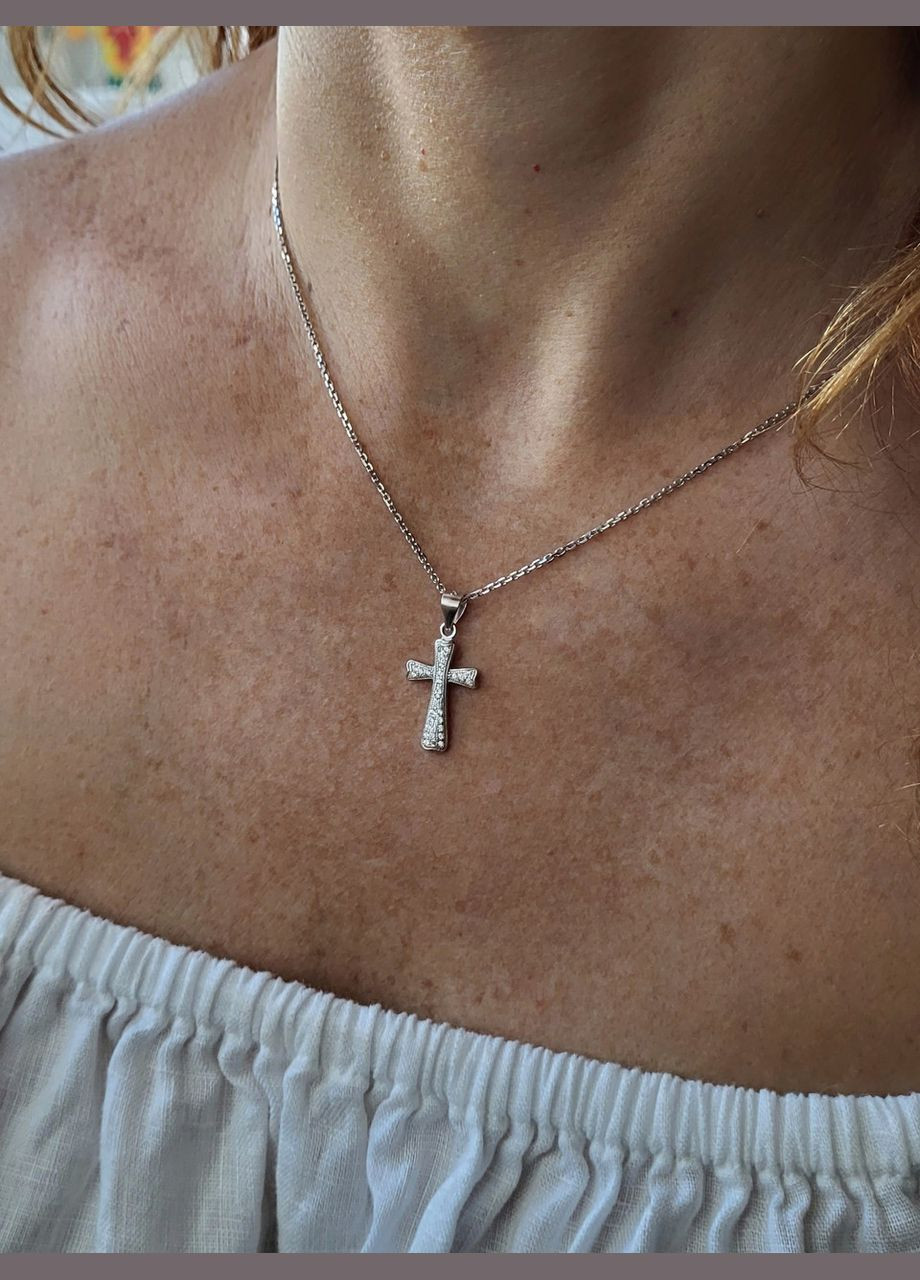 Срібний прямий хрест із білим камінням срібло 925 проби Родоване 37031 1.21г No Brand (306742017)